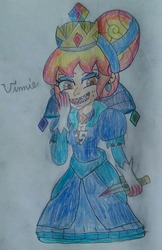 Size: 1024x1584 | Tagged: safe, artist:tobiisabunny, oc, oc only, oc:daybreak flare, pony, blood, blue dress, crown, empress, evil grin, fangs, grin, hair bun, jewelry, knife, makeup, noblewoman's laugh, regalia, smiling, solo, traditional art