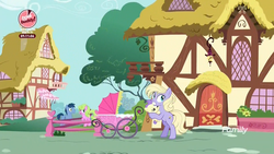 Size: 1920x1080 | Tagged: safe, screencap, blues, cream puff, daisy, flower wishes, noteworthy, power chord, earth pony, pony, g4, the washouts (episode), baby, baby carriage, baby pony, discovery family logo, female, filly, foal, male, mare, ponyville, stallion