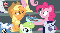 Size: 1920x1080 | Tagged: safe, screencap, applejack, fluttershy, minty green, moonlight raven, pinkie pie, pokey pierce, rarity, earth pony, pegasus, pony, unicorn, g4, the washouts (episode), "scootaloo's super-difficult stunt" special cupcakes, :s, bake it like buddy, bleachers, crazy eyes, cupcake, female, food, male, mare, scooter, squint, stallion, wavy mouth, wide eyes