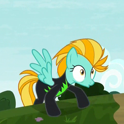 Size: 964x964 | Tagged: safe, screencap, lightning dust, pegasus, pony, g4, the washouts (episode), clothes, cropped, crouching, female, mare, rekt, shocked, spread wings, uniform, washouts uniform, wide eyes, wings