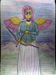 Size: 3120x4160 | Tagged: safe, artist:mildgyth, fluttershy, pegasus, anthro, ziragshabdarverse, g4, :s, arrow, bow (weapon), bow and arrow, bowtie, breasts, clothes, dress, female, mountain, plump, ponytones outfit, solo, sweater, sweatershy, traditional art, two toned wings, wavy mouth, weapon