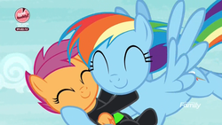 Size: 1920x1080 | Tagged: safe, screencap, rainbow dash, scootaloo, pegasus, pony, g4, the washouts (episode), bake it like buddy, carrying, clothes, discovery family logo, duo, eyes closed, female, filly, flying, foal, hug, mare, scootalove, smiling, uniform, washouts uniform