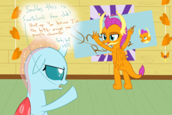 Size: 1200x800 | Tagged: safe, artist:mightyshockwave, ocellus, scootaloo, smolder, changedling, changeling, dragon, g4, the washouts (episode), breaking the fourth wall, duo, fourth wall, leaning on the fourth wall, poster, scootaloo fanclub