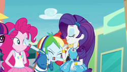 Size: 1920x1080 | Tagged: safe, screencap, pinkie pie, rainbow dash, rarity, sci-twi, sunset shimmer, twilight sparkle, equestria girls, equestria girls specials, g4, my little pony equestria girls: better together, my little pony equestria girls: rollercoaster of friendship, dab, female, geode of shielding, geode of sugar bombs, geode of super speed, magical geodes, offscreen character, rainbow dab