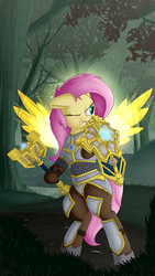 Size: 2160x3840 | Tagged: safe, artist:andelai, fluttershy, pegasus, pony, semi-anthro, g4, arm hooves, armor, badass, bipedal, fantasy class, female, flutterbadass, high res, knight, mace, mare, oathseeker, one eye closed, paladin, scenery, shield, solo, truthguard, warcraft, warrior, weapon, wings, world of warcraft