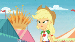 Size: 1920x1080 | Tagged: safe, screencap, applejack, leafy mint, microchips, mint chip, tennis match, equestria girls, equestria girls series, g4, rollercoaster of friendship, animated, apple, background human, caramel apple (food), dubbing, food, geode of super strength, polish, sound, webm, wrong name