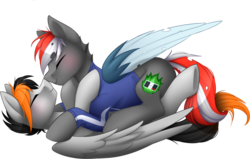 Size: 900x571 | Tagged: safe, artist:scarlet-spectrum, oc, oc only, oc:cdblake, changeling, pegasus, pony, changeling hybrid, changeling oc, clothes, commission, digital art, eyes closed, gay, love, lying down, male, oc x oc, shipping, simple background, stallion, transparent background, wings