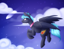 Size: 1170x900 | Tagged: safe, artist:scarlet-spectrum, oc, oc only, oc:falling star, pegasus, pony, cloud, commission, digital art, female, flying, jewelry, mare, necklace, sky, smiling, solo, speedpaint, speedpaint available, spread wings, wings