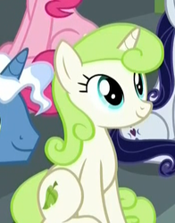 Size: 348x445 | Tagged: safe, screencap, minty green, moonlight raven, pinkie pie, pokey pierce, earth pony, pony, unicorn, g4, the washouts (episode), background pony, cropped, cute, female, looking up, male, mare, sitting, smiling, solo focus, stallion