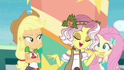 Size: 1920x1080 | Tagged: safe, screencap, applejack, fluttershy, vignette valencia, equestria girls, equestria girls specials, g4, my little pony equestria girls: better together, my little pony equestria girls: rollercoaster of friendship, eyes closed, female, geode of fauna, geode of super strength