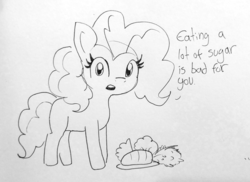 Size: 1280x931 | Tagged: safe, artist:tjpones, pinkie pie, earth pony, pony, g4, female, food, lineart, looking at you, out of character, traditional art, truth