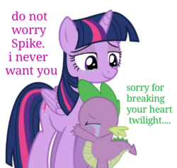 Size: 540x515 | Tagged: safe, spike, twilight sparkle, alicorn, pony, father knows beast, g4, crying, cute, dialogue, engrish, eyes closed, heartbreak, hug, mistranslation, simple background, spikeabuse, tears of joy, twilight sparkle (alicorn), white background