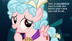 Size: 728x416 | Tagged: safe, edit, edited screencap, editor:korora, screencap, cozy glow, pegasus, pony, g4, school raze, caption, cozy glow doesn't know what she's getting into, cropped, doctor who, female, filly, implied doctor whooves, scheming, text, this will end in epic fail