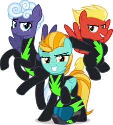Size: 5338x5916 | Tagged: safe, artist:jhayarr23, lightning dust, rolling thunder, short fuse, pegasus, pony, the washouts (episode), absurd resolution, clothes, eye scar, female, male, mare, raised eyebrow, scar, simple background, stallion, the washouts, transparent background, trio, uniform, vector, washouts uniform