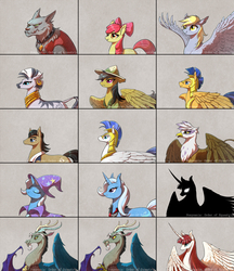 Size: 2160x2499 | Tagged: safe, artist:begasus, apple bloom, daring do, derpy hooves, discord, filthy rich, flash sentry, gilda, rover, trixie, zecora, oc, oc:fausticorn, alicorn, diamond dog, draconequus, earth pony, griffon, pony, unicorn, ponyvania: order of equestria, g4, alicorn amulet, high res, royal guard, two sides