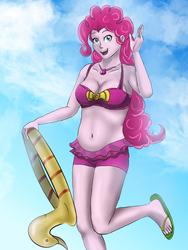Size: 1200x1600 | Tagged: safe, artist:symptom99, pinkie pie, equestria girls, equestria girls series, g4, belly button, clothes, cute, diapinkes, feet, female, flip-flops, geode of sugar bombs, inner tube, looking at you, magical geodes, open mouth, smiling, solo, swimsuit