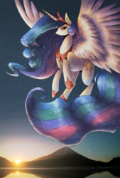 Size: 1378x2039 | Tagged: safe, artist:coma392, princess celestia, alicorn, pony, g4, crown, female, flying, horseshoes, lake, looking at you, mare, mountain, peytral, regalia, scenery, smiling, solo, spread wings, sun, sunset, wings