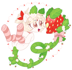 Size: 2440x2371 | Tagged: safe, artist:hawthornss, oc, oc only, oc:kerma, oc:mansikka, monster pony, original species, piranha plant pony, plant pony, augmented tail, bow, butt, choker, closed species, clothes, cute, cute little fangs, fangs, food, frog (hoof), hair bow, hairpin, high res, open mouth, plot, ribbon, simple background, smiling, socks, solo, strawberry, striped socks, transparent background, underhoof