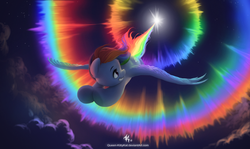 Size: 2321x1382 | Tagged: safe, artist:katputze, rainbow dash, pegasus, pony, g4, female, flying, grin, looking back, mare, night, rainbow trail, smiling, solo, sonic rainboom, spread wings, turned head, wings