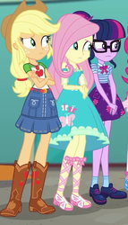 Size: 441x773 | Tagged: safe, screencap, applejack, fluttershy, sci-twi, twilight sparkle, equestria girls, equestria girls series, g4, rollercoaster of friendship, belt, boots, clothes, cowboy boots, cowboy hat, crossed arms, denim skirt, dress, feet, female, freckles, geode of fauna, geode of super strength, geode of telekinesis, glasses, hat, ponytail, sandals, shoes, skirt, socks, stetson