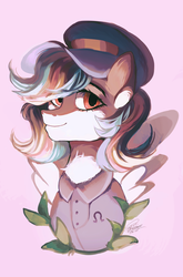 Size: 2193x3327 | Tagged: safe, artist:orfartina, oc, oc only, pegasus, pony, bust, clothes, commission, digital art, female, hair over one eye, hat, high res, looking at you, mare, pink background, signature, simple background, solo