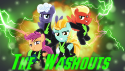 Size: 1600x900 | Tagged: safe, artist:sailortrekkie92, lightning dust, rolling thunder, scootaloo, short fuse, pegasus, pony, g4, the washouts (episode), abstract background, clothes, eye scar, female, filly, foal, group, lightning, male, mare, quartet, scar, stallion, the washouts, traitorloo, uniform, washouts uniform
