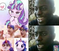 Size: 480x412 | Tagged: safe, bon bon, starlight glimmer, sweetie drops, pony, unicorn, disappointed black guy, food, heart, heart eyes, ice cream, meme, pictogram, transformation, wat, wingding eyes