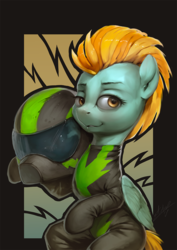 Size: 850x1200 | Tagged: safe, artist:assasinmonkey, lightning dust, pegasus, pony, g4, the washouts (episode), bust, clothes, digital painting, female, goggles, helmet, looking at you, mare, portrait, solo, uniform, washouts uniform