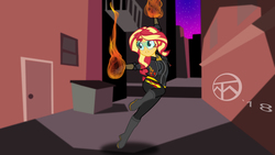Size: 6830x3840 | Tagged: safe, artist:legendaryspider, sunset shimmer, equestria girls, g4, alley, boots, building, city, cityscape, clothes, commission, female, fiery shimmer, fire, form fitting, gloves, goggles, jacket, pants, safety goggles, shoes, solo, superhero, visor
