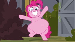 Size: 1280x720 | Tagged: safe, edit, edited screencap, screencap, pinkie pie, earth pony, pony, a friend in deed, g4, belly, belly button, big belly, chubby cheeks, explicit source, fat, fat edit, female, jumping, pudgy pie, solo