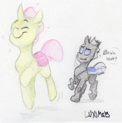 Size: 1462x1471 | Tagged: safe, artist:luximus17, oc, oc:evening breeze, changedling, changeling, changeling oc, confused, duo, happy, prancing, signature, text, traditional art, trotting