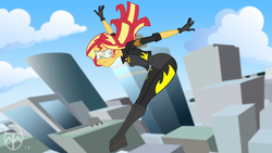 Size: 6830x3840 | Tagged: safe, artist:legendaryspider, sunset shimmer, equestria girls, g4, boots, building, city, cityscape, clothes, costume, form fitting, gloves, goggles, jacket, leaping, safety goggles, shoes, superhero, visor, windswept hair