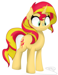 Size: 1939x2500 | Tagged: safe, artist:soctavia, sunset shimmer, butterfly, pony, unicorn, g4, blushing, butterfly on nose, cute, female, insect on nose, mare, shimmerbetes, simple background, smiling, solo, transparent background, wavy mouth