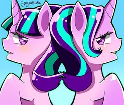 Size: 1099x935 | Tagged: safe, artist:yuyutsuka_0130, starlight glimmer, pony, unicorn, g4, alternate hairstyle, female, gradient background, mare, signature, simple background, solo, wrong eye color