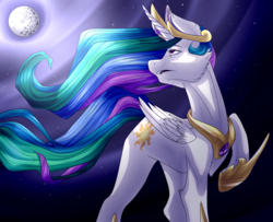 Size: 4000x3253 | Tagged: dead source, safe, artist:amenhonestly, artist:siena1923, princess celestia, alicorn, pony, g4, crying, cutie mark, female, jewelry, mare, mare in the moon, moon, night, open mouth, raised hoof, regalia, regret, solo, stars, turned head, windswept mane