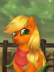 Size: 1337x1800 | Tagged: safe, artist:i-just-mari, applejack, earth pony, pony, g4, female, fence, leaf, looking at you, mare, missing accessory, neckerchief, smiling, solo