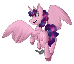 Size: 1024x876 | Tagged: safe, artist:amenhonestly, pinkie pie, twilight sparkle, alicorn, pony, g4, commission, commissioner:bigonionbean, cutie mark, female, fusion, mare, open mouth, sidemouth, simple background, solo, spread wings, transparent background, twilight sparkle (alicorn), wings