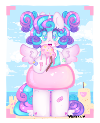 Size: 3000x3700 | Tagged: safe, artist:bunxl, princess flurry heart, alicorn, semi-anthro, g4, arm hooves, clothes, cute, female, filly, flurrybetes, foal, food, heart, heart eyes, high res, ice cream, inner tube, one-piece swimsuit, solo, sparkly eyes, starry eyes, swimsuit, wingding eyes