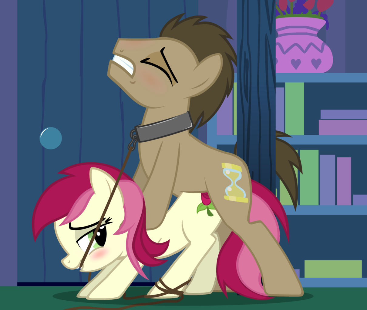 1828317 - explicit, artist:evilenchantress, derpibooru exclusive, doctor  whooves, roseluck, time turner, ambiguous penetration, bedroom eyes,  blushing, collar, doctorrose, eyes closed, female, femdom, leash, male,  malesub, mare, obscured penetration ..