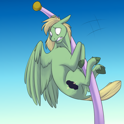 Size: 1000x1000 | Tagged: safe, artist:foxenawolf, oc, oc only, oc:mark wells, pegasus, pony, fanfic:off the mark, acrophobia, blonde mane, clinging, fanfic art, flag pole, green fur, unshorn fetlocks, wings
