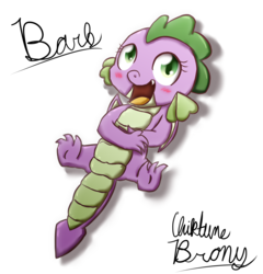 Size: 2450x2551 | Tagged: safe, artist:chiptunebrony, spike, dragon, g4, baby, baby dragon, barb, barbabetes, blush sticker, blushing, cursive writing, cute, female, folded wings, green eyes, high res, looking at you, name, on back, on floor, open mouth, rule 63, rule63betes, shadow, signature, simple background, smiling, spikabetes, style emulation, text, white background, winged barb, winged spike, wings