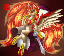 Size: 2246x1979 | Tagged: safe, artist:darksprings, daybreaker, alicorn, pony, g4, armor, chair, crossed legs, female, mane of fire, regal, sitting, smiling, solo, sword, wavy mouth, weapon