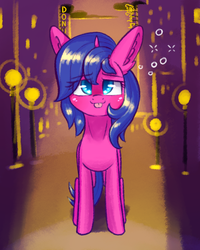 Size: 1024x1280 | Tagged: safe, artist:dsp2003, oc, oc only, oc:fizzy pop, pony, unicorn, :p, blushing, drunk, female, mare, night, silly, solo, tongue out