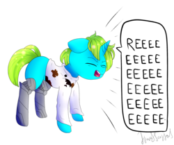 Size: 2133x1785 | Tagged: safe, artist:itwasscatters, oc, oc only, oc:toaster, pony, unicorn, angry, clothes, reeee, robot legs, simple background, solo, transparent background