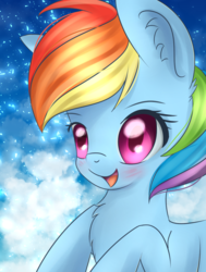 Size: 963x1276 | Tagged: safe, artist:brok-enwings, rainbow dash, pegasus, pony, g4, big head, blushing, cute, dashabetes, female, mare, smiling, solo