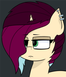 Size: 1176x1381 | Tagged: safe, artist:pinkberry, oc, oc only, oc:mulberry merlot, pony, unicorn, alternate hairstyle, bust, ear piercing, emo, eyeliner, female, gray background, makeup, piercing, simple background, solo