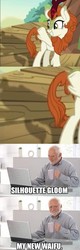 Size: 936x2937 | Tagged: safe, edit, edited screencap, screencap, autumn blaze, silhouette gloom of the sundown lands, human, kirin, g4, season 8, sounds of silence, coffee mug, computer, hide the pain harold, image macro, laptop computer, meme, mug, shadow, silhouette