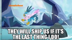 Size: 683x384 | Tagged: safe, edit, edited screencap, screencap, gallus, silverstream, g4, what lies beneath, female, image macro, male, meme, ship:gallstream, shipping, straight, tackle, water