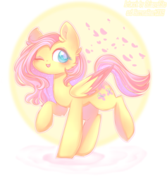 Size: 830x875 | Tagged: safe, artist:herrenaheart2005, artist:shimayaeiko, fluttershy, pegasus, pony, g4, cheek fluff, collaboration, cute, ear fluff, female, mare, one eye closed, shyabetes, solo, two toned wings, wings, wink
