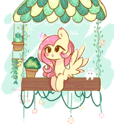 Size: 1000x1100 | Tagged: safe, artist:herrenaheart2005, angel bunny, fluttershy, butterfly, pegasus, pony, g4, female, mare, potted plant, simple background, transparent background